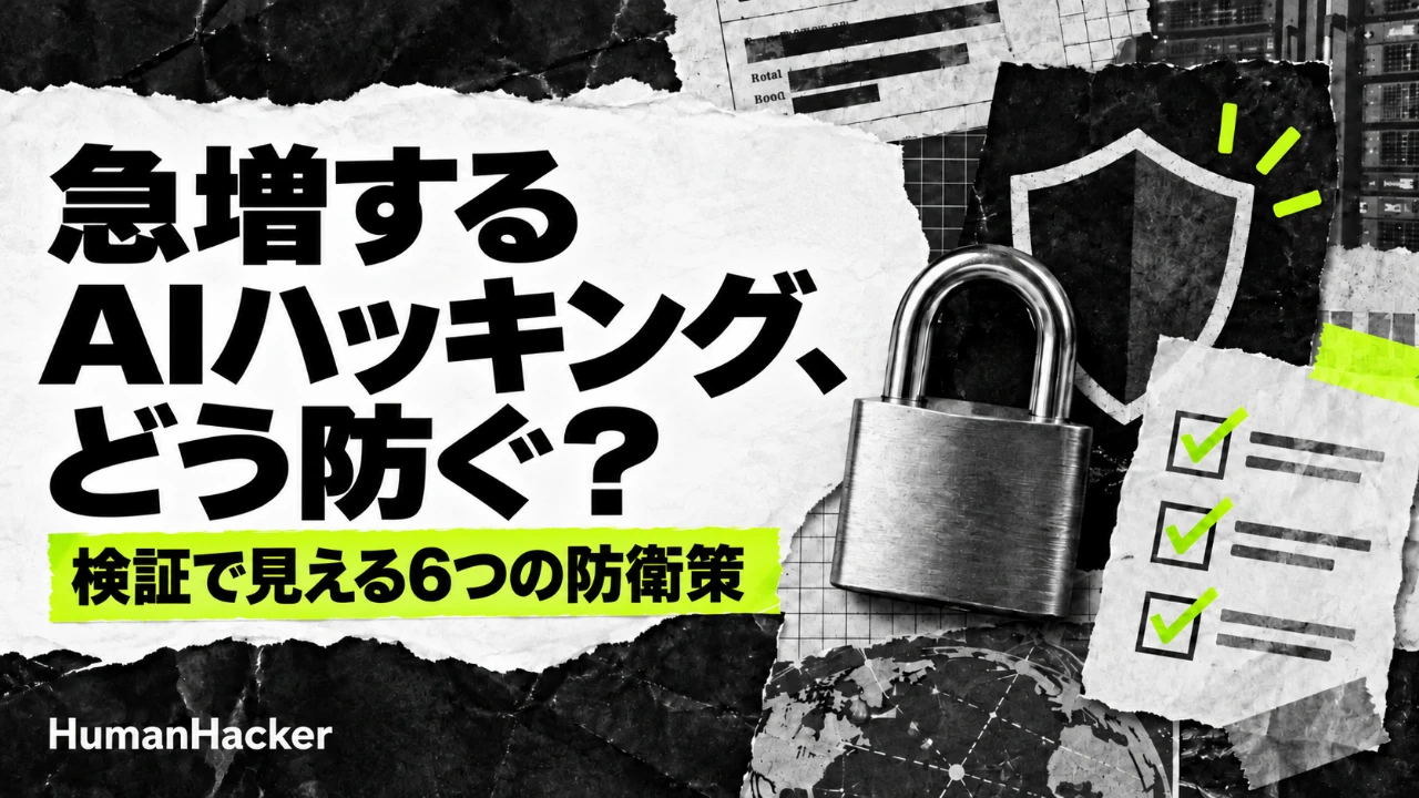急増するAIハッキング、どう防ぐ？検証で見える6つの防衛策。南京錠と盾、チェックリストの紙コラージュ。