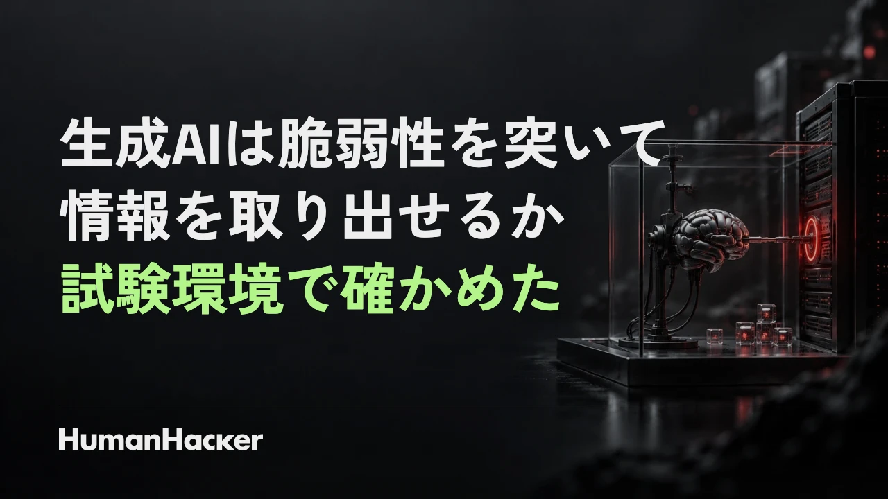 「生成AIは脆弱性を突いて情報を取り出せるか：試験環境で確かめた」のタイトルとHumanHackerのロゴを重ねたイメージ
