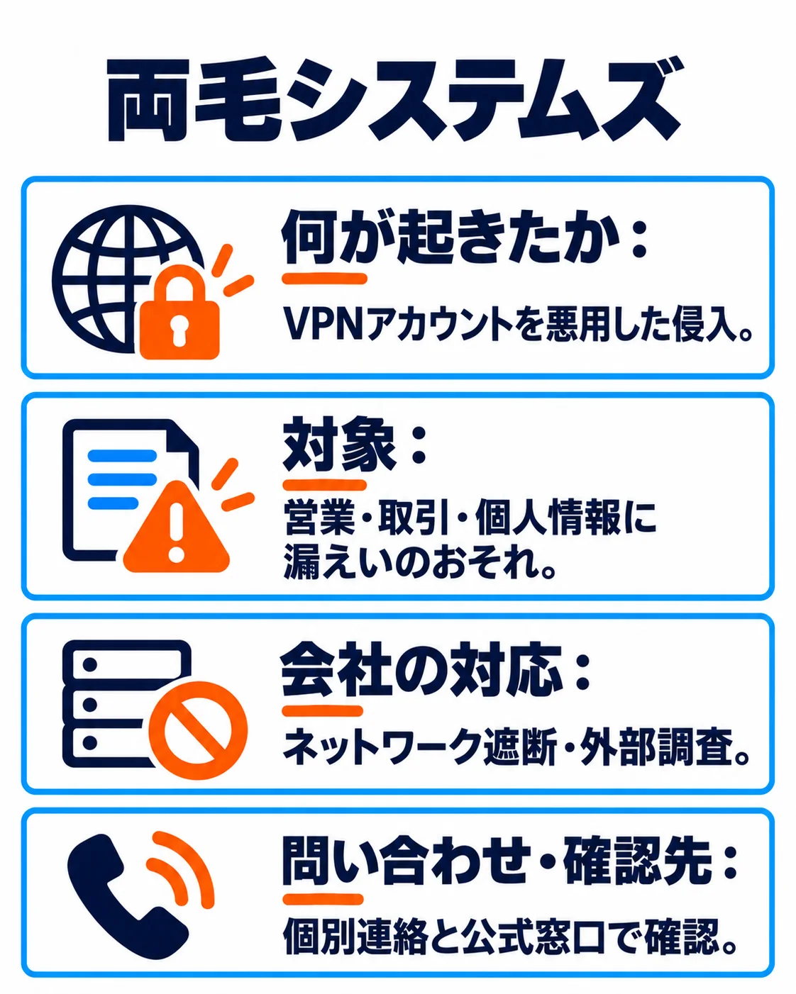 VPNアカウントを悪用した侵入。営業・取引・個人情報に漏えいのおそれ。ネットワーク遮断・外部調査。個別連絡と公式窓口で確認。