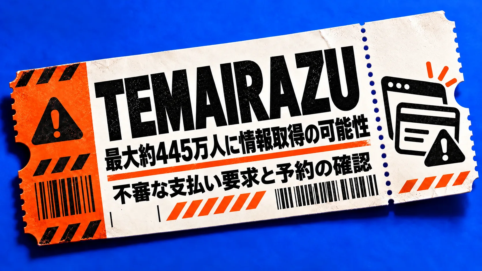 TEMAIRAZU。最大約445万人に情報取得の可能性。不審な支払い要求と予約の確認。