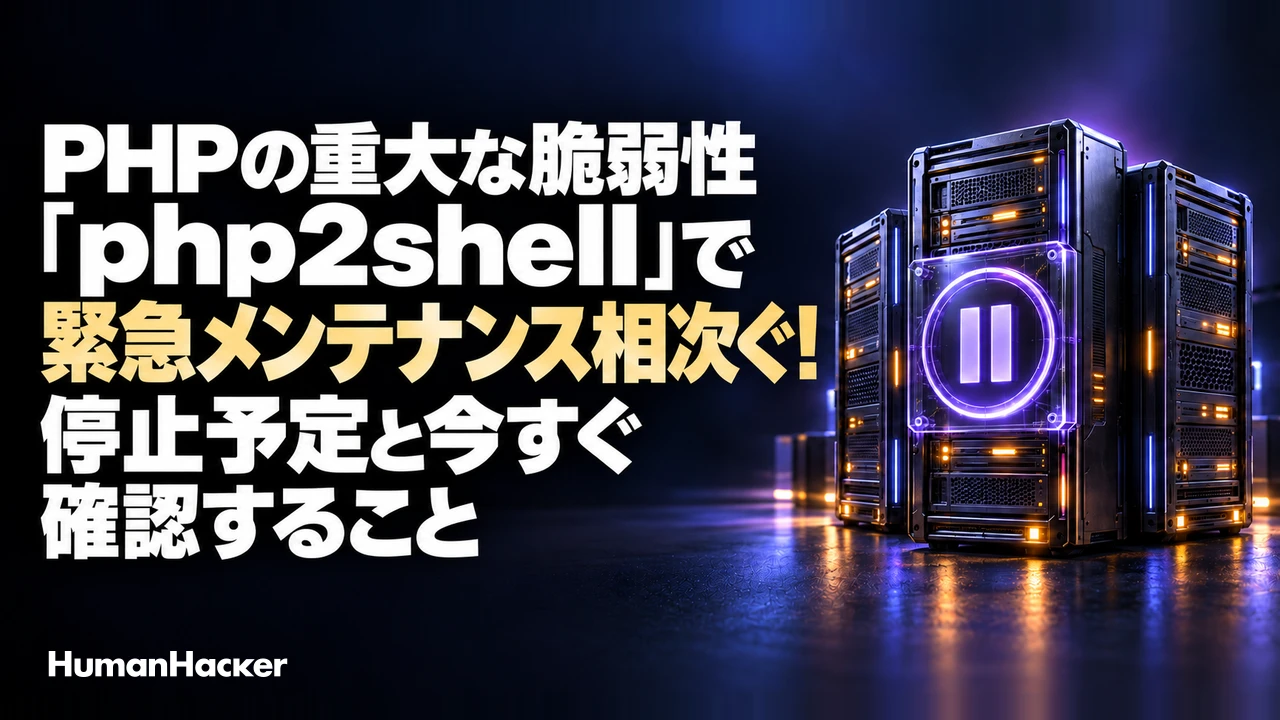 PHPの重大な脆弱性「php2shell」で緊急メンテナンス相次ぐ！停止予定と今すぐ確認すること。紫・紺色のサーバーと一時停止マークで、予防的なメンテナンスを表した画像。