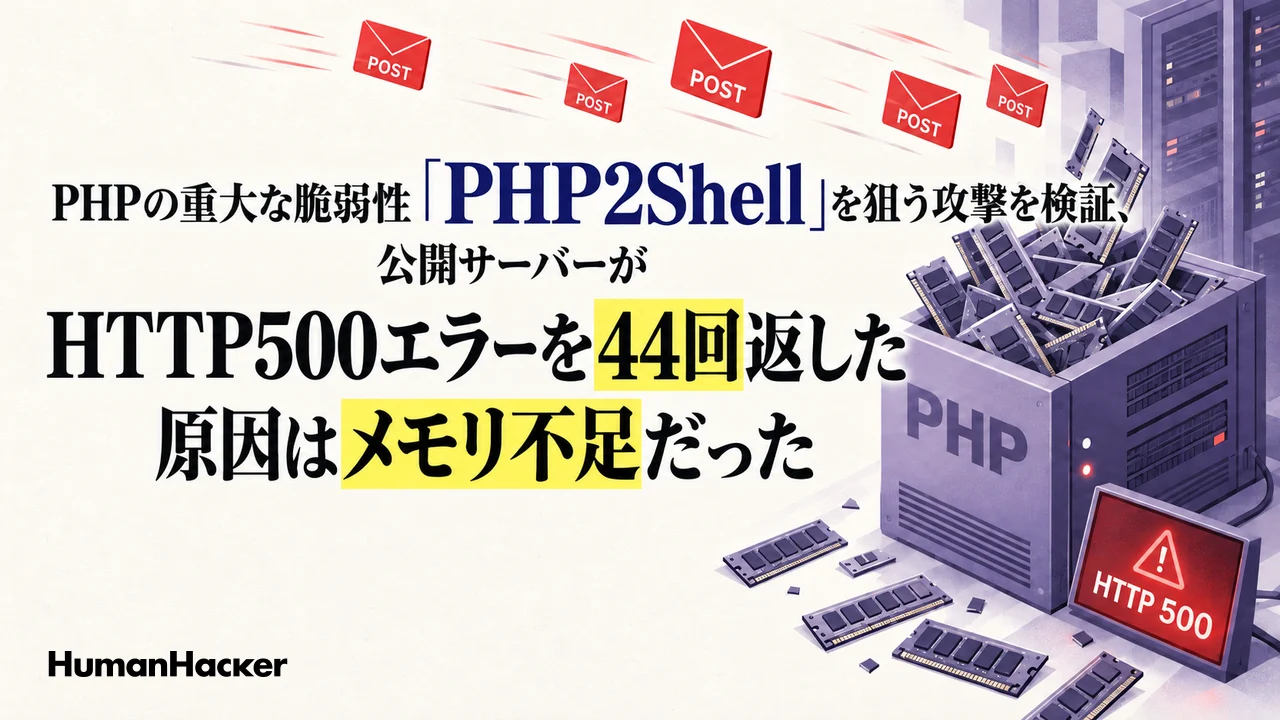 PHPの重大な脆弱性「PHP2Shell」を狙う攻撃を検証、公開サーバーがHTTP500エラーを44回返した原因はメモリ不足だった。POSTの封筒が飛び込み、メモリがあふれたPHPサーバーの横にHTTP500の警告が出ているイメージ。