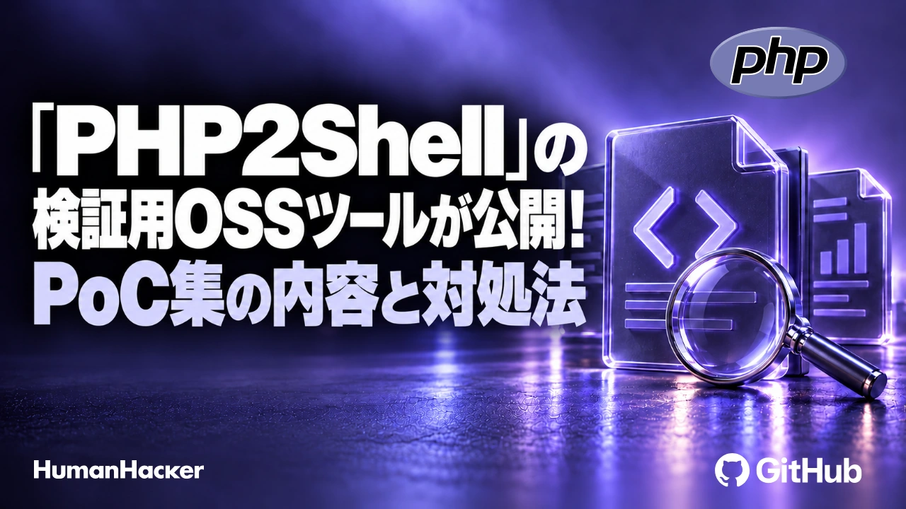 「PHP2Shell」の検証用OSSツールが公開！PoC集の内容と対処法。PHP・GitHubの公式ロゴと、ラベンダー色の検証資料・虫眼鏡を配置した画像。