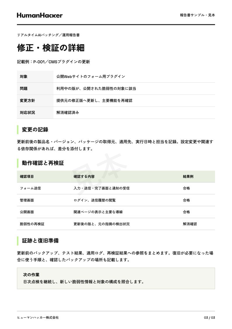 修正・検証の詳細の見本